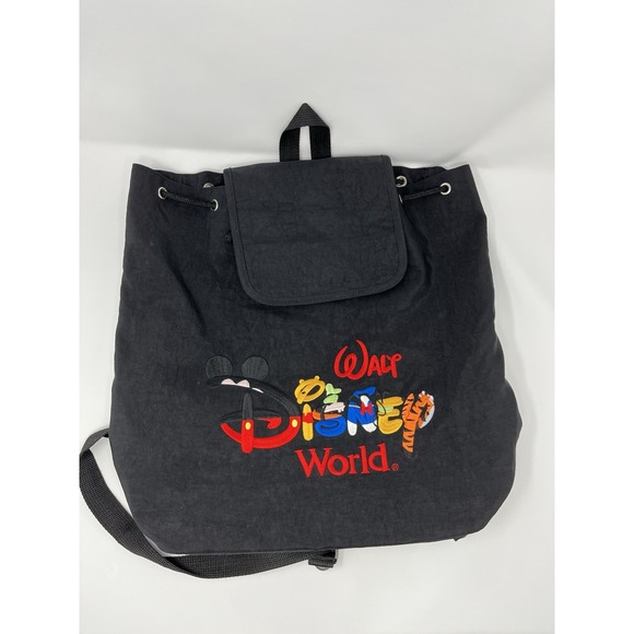 VTG Walt Disney World Black Drawstring Embroidered Nylon Tote Book Bag Backpack - Picture 1 of 4